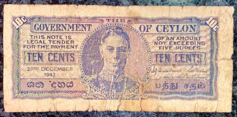 CEYLON 10 CENT 23RD DECEMBER 1943 WW2