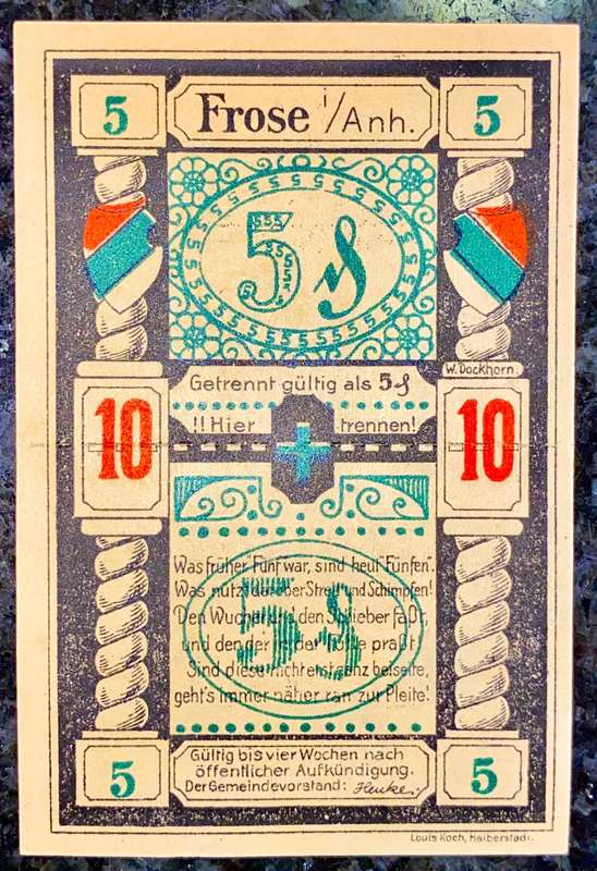 GERMANY SET - FROSE 10 PFENNIG WITH 5 PFENNIG TEAR OFFS NOTGELD (EMERGENCY MONEY) AMAZING ART -