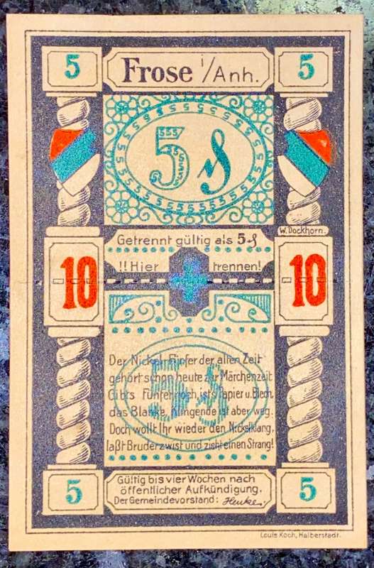 GERMANY SET - FROSE 10 PFENNIG WITH 5 PFENNIG TEAR OFFS NOTGELD (EMERGENCY MONEY) AMAZING ART -