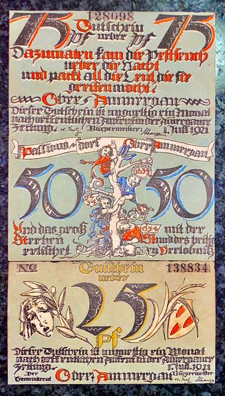 GERMANY SET - OBERAMMERGAU- 75 PFENNIG TO 25 PFENNI 1921 UNC NOTGELD (EMERGENCY MONEY) AMAZING ART -