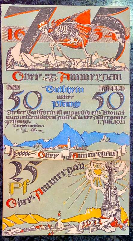 GERMANY SET - OBERAMMERGAU- 75 PFENNIG TO 25 PFENNI 1921 UNC NOTGELD (EMERGENCY MONEY) AMAZING ART -