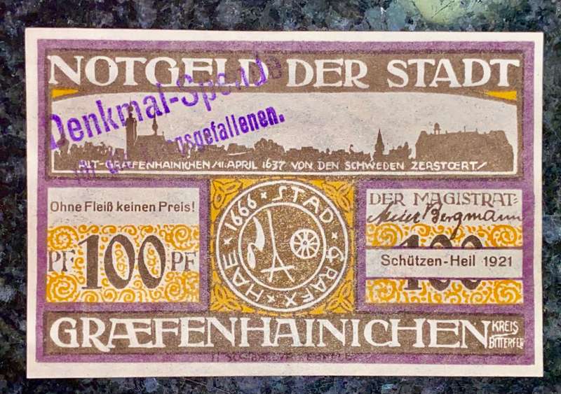 GERMANY - GRAEFENHAINICHEN - 100 PFENNIG 1921 STAMPED UNC NOTGELD (EMERGENCY MONEY)AMAZING ART -