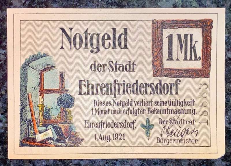 GERMANY - EHRENFRIEDERSDORF - 1 MARK 1921 AUNC NOTGELD (EMERGENCY MONEY) - AMAZING ART -