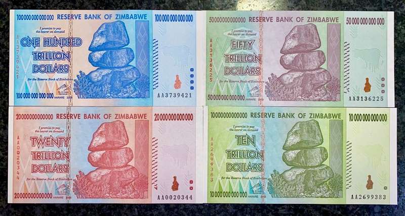 ZIMBABWE AA SET ONE HUNDRED TRILLIAN DOLLARS TO 10 TRILLION DOLLARS HARARE 2008 UNC (1 BID TAKES ALL