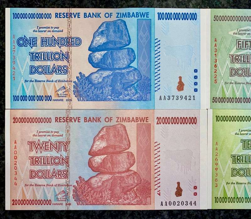 ZIMBABWE AA SET ONE HUNDRED TRILLIAN DOLLARS TO 10 TRILLION DOLLARS HARARE 2008 UNC (1 BID TAKES ALL