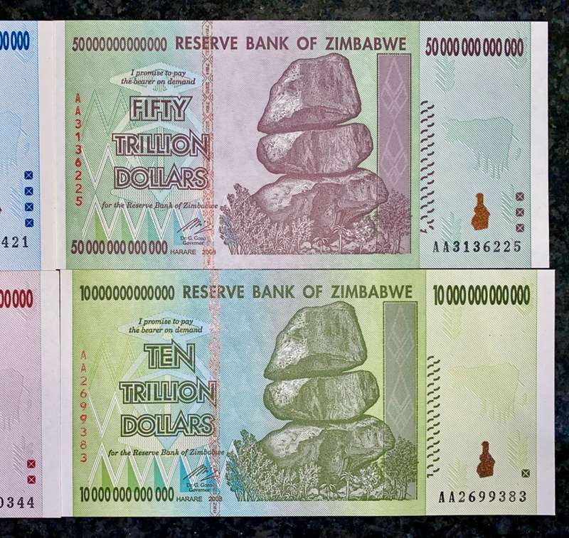 ZIMBABWE AA SET ONE HUNDRED TRILLIAN DOLLARS TO 10 TRILLION DOLLARS HARARE 2008 UNC (1 BID TAKES ALL