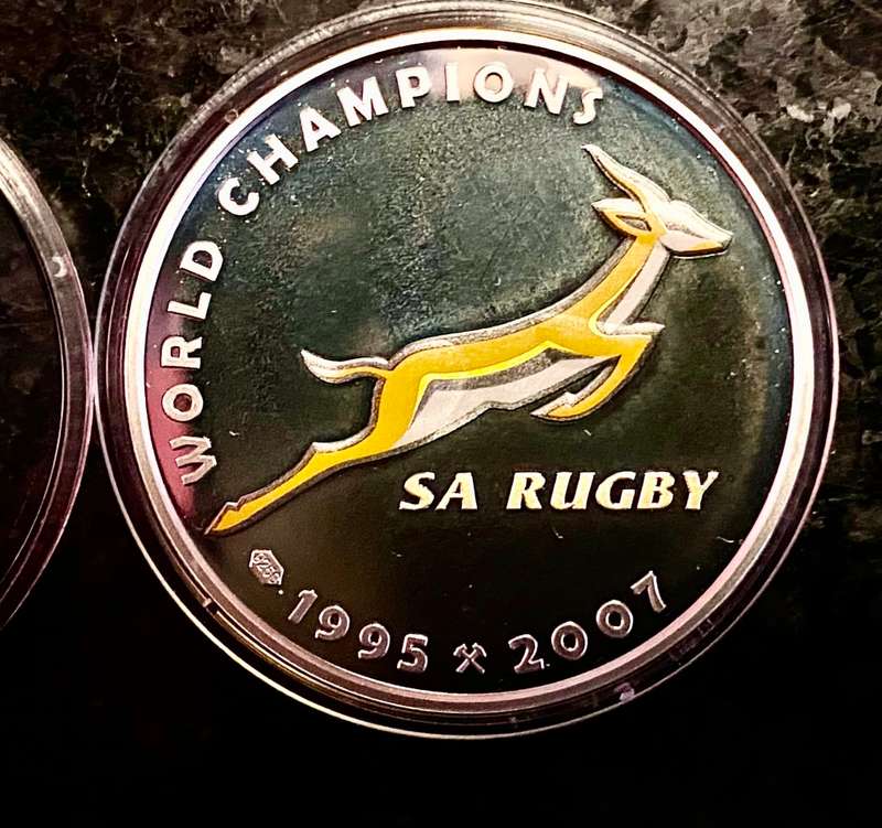 NELSON MANDELA FINE SILVER 1,1OZ - RUGBY WORLD CHAMPS 1995 COLORED SPRINGBOK - CAPSULE UNC