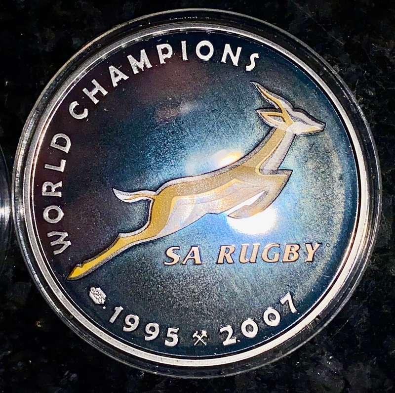 NELSON MANDELA FINE SILVER 1,1OZ - RUGBY WORLD CHAMPS 1995 COLORED SPRINGBOK - CAPSULE UNC