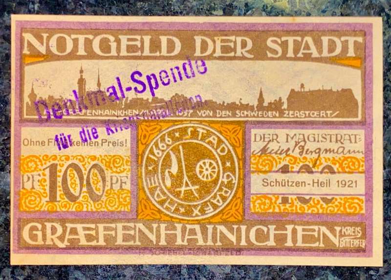 GERMANY STAMPED  - GRAEFENHAINICHEN - 100 PFENNIG 1921 UNC NOTGELD (EMERGENCY MONEY) - AMAZING ART