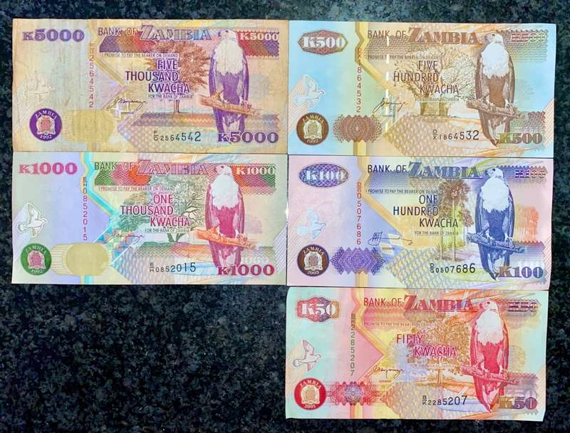ZAMBIA SET 5000 KWACHA TO 50 KWACHA 1992 & 2001(1 BID TAKES ALL)