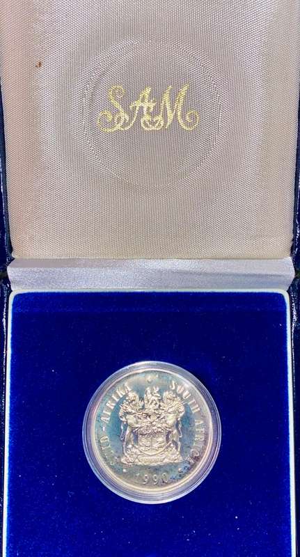 SOUTH AFRICA PROOF SILVER R1 -- 1990 -- IN SA MINT BOX & CAPSULE