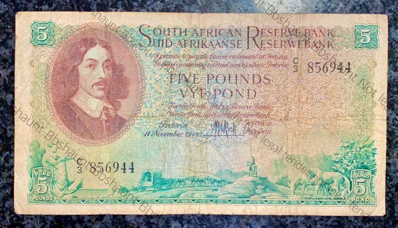 MH DE KOCK 5 POUND 11TH NOVEMBER 1948 E/A 2ND ISSUE C3 VAN RIEBEECK WTM