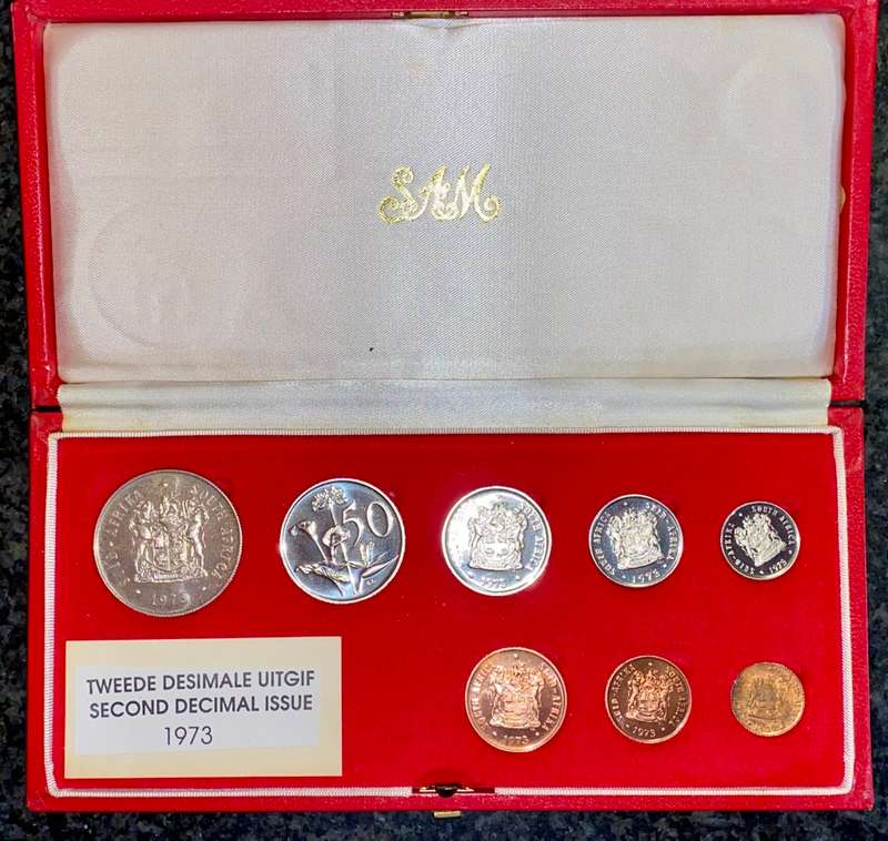 SOUTH AFRICA PROOF SET SILVER R1 TO 1/2 CENT -- 1973 -- IN RED SA MINT BOX