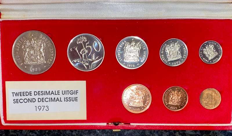 SOUTH AFRICA PROOF SET SILVER R1 TO 1/2 CENT -- 1973 -- IN RED SA MINT BOX