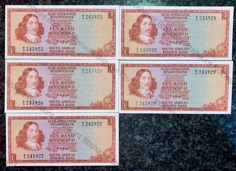 TW DE JONGH R1 IN SEQUENCE B5 /243925-929 UNC 2ND ISSUE 1973(1 BID TAKES ALL)