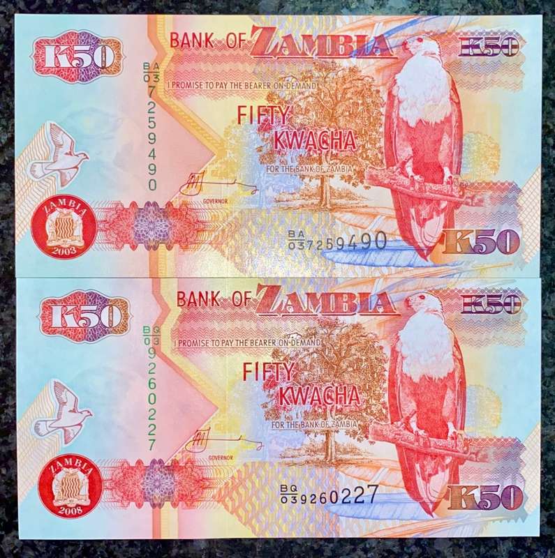 ZAMBIA 50 KWACHA 2003 & 2008 UNC (1 BID TAKES ALL)