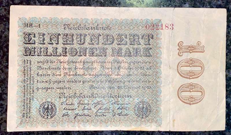 GERMANY HYPERINFLATION 100 MILLION MARK 1923
