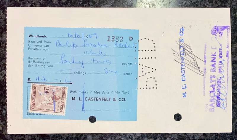 STANDARD BANK WINDHOEK PHILIP TROSKIE HOSTAL 42 POUNDS STAMPED BARCLAY'S BANK 1959