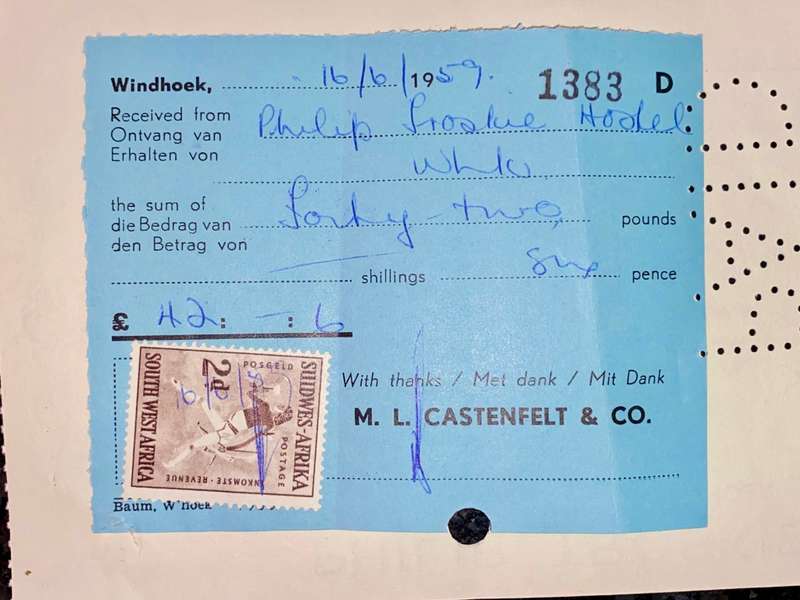 STANDARD BANK WINDHOEK PHILIP TROSKIE HOSTAL 42 POUNDS STAMPED BARCLAY'S BANK 1959