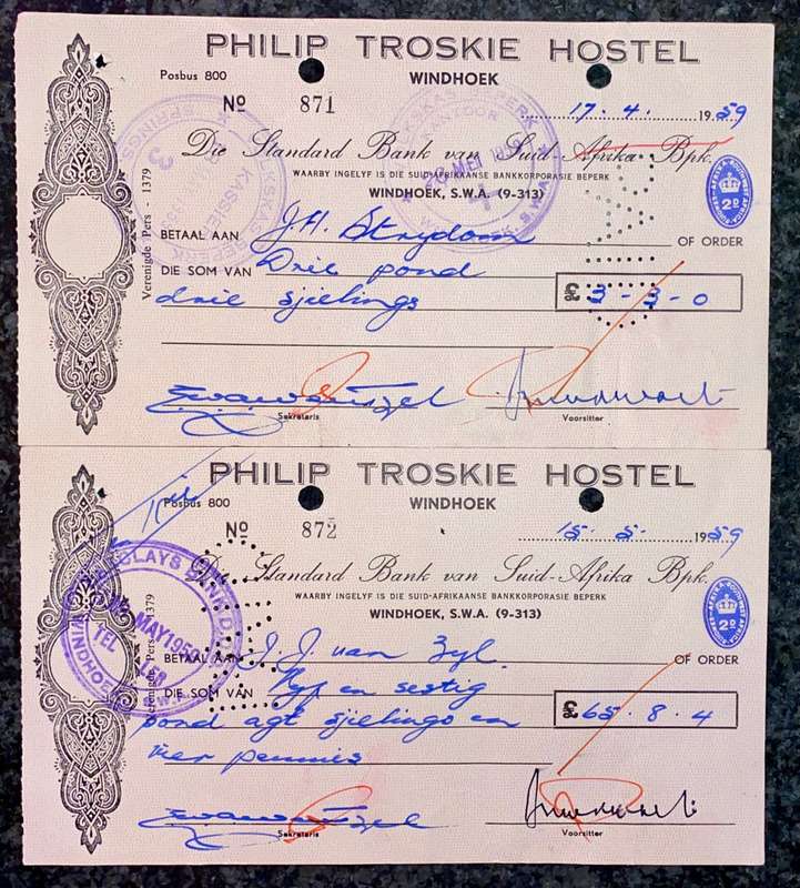 STANDARD BANK WINDHOEK SET PHILIP TROSKIE HOSTAL STAMPED BARCLAY'S BANK DCO 1959