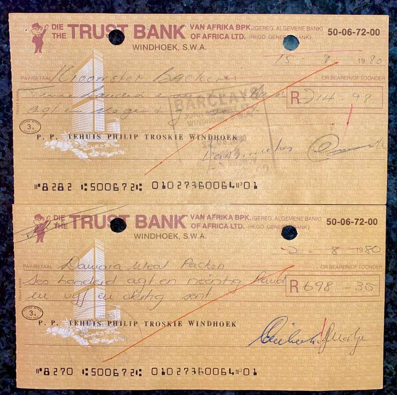 TRUST BANK WINDHOEK S W A CHEQUES 1980 STAMPED BARCLAYS BANK