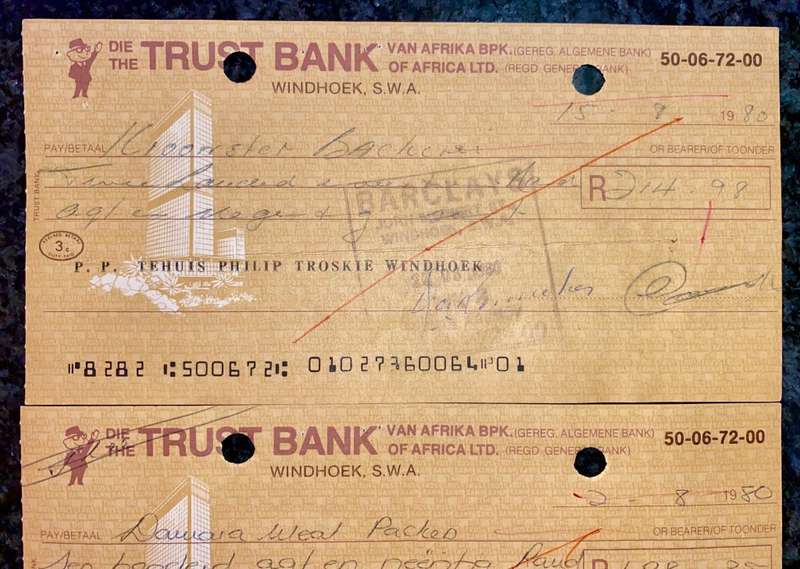 TRUST BANK WINDHOEK S W A CHEQUES 1980 STAMPED BARCLAYS BANK