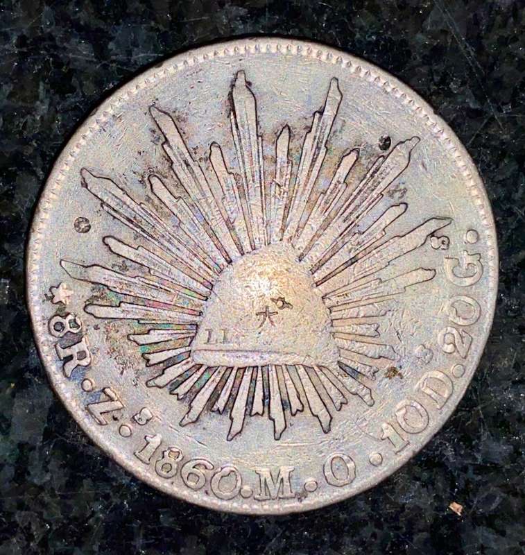 MEXICO SILVER 8 REALES 1860 - EAGLE WITH SNAKE ON CACTUS - 8R.Z.1860.M.O.10D.20G. MEXICO MINT