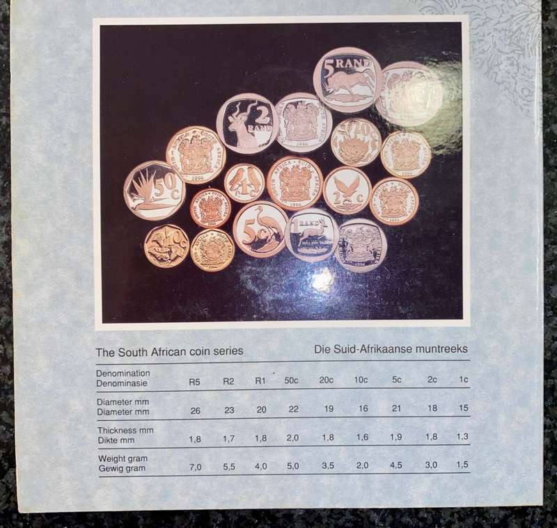 S A MINT UNCIRCULATED SET 1994 -- R5 TO 1 CENT - IN FOLDER COINS SEALED FROM SA MINT