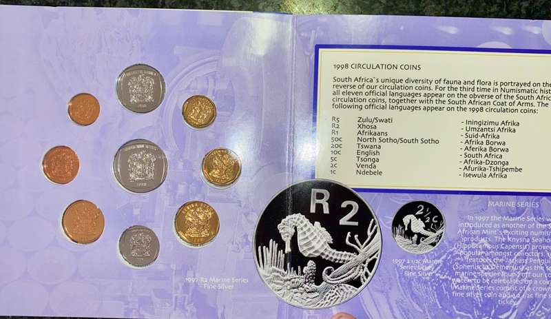 S A MINT UNCIRCULATED SET 1998 -- R5 TO 1 CENT - IN FOLDER COINS SEALED FROM SA MINT