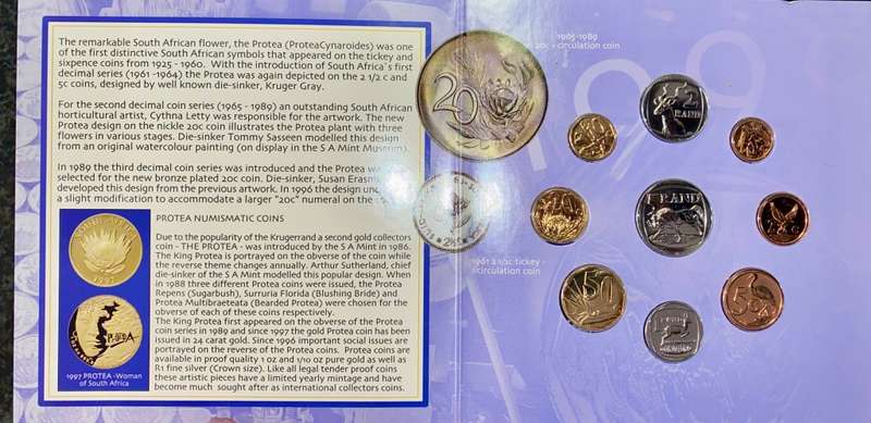 S A MINT UNCIRCULATED SET 1998 -- R5 TO 1 CENT - IN FOLDER COINS SEALED FROM SA MINT