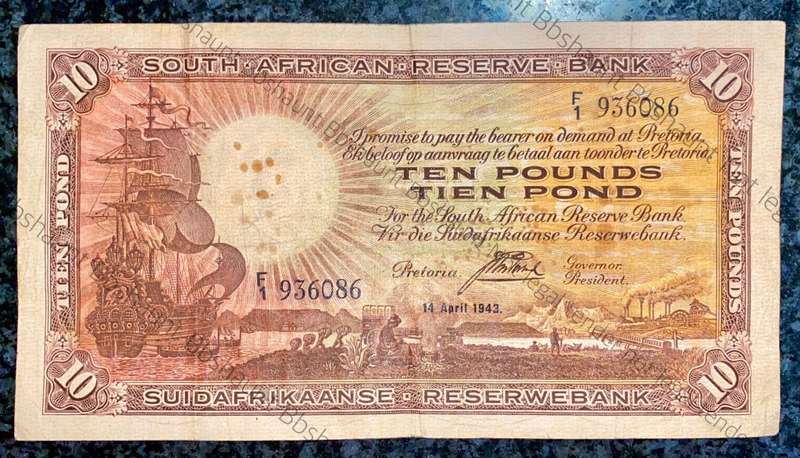 J POSTMUS 10 POUND 14TH APRIL 1943 - F1 - VAN RIEBEECK WTM E/A FIRST ISSUE