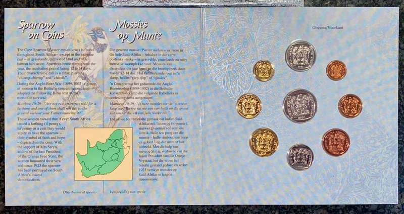 SOUTH AFRICA MINT BRILLIANT UNCIRCULATED COIN SET R5 TO 1 CENT -- 1994 -- IN ORIGINAL FOLDER