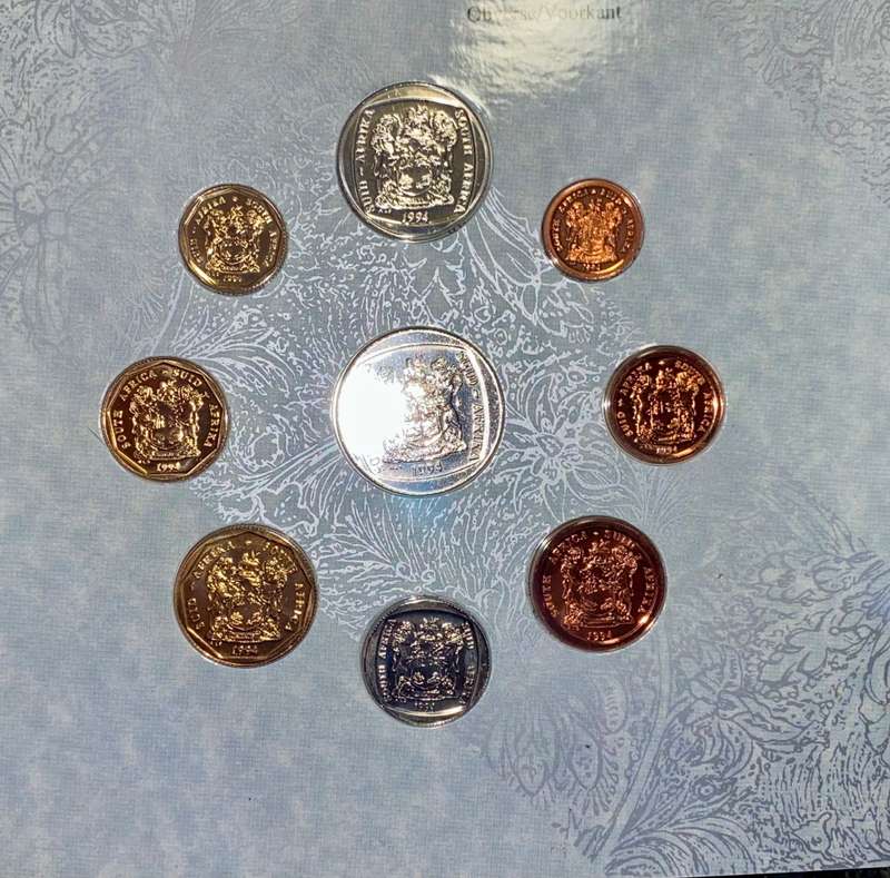 SOUTH AFRICA MINT BRILLIANT UNCIRCULATED COIN SET R5 TO 1 CENT -- 1994 -- IN ORIGINAL FOLDER