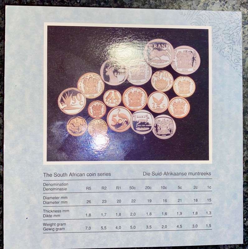SOUTH AFRICA MINT BRILLIANT UNCIRCULATED COIN SET R5 TO 1 CENT -- 1994 -- IN ORIGINAL FOLDER