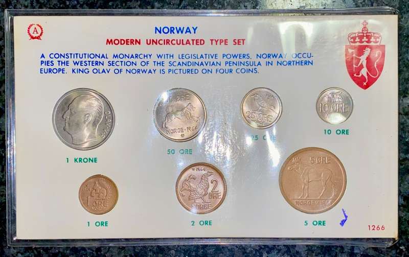 NORWAY UNCIRCULATED SET 1 KRONE TO 5 ORE 1964 IN PLASTICS PROTECTIVE HOLDER AS FROM NORWAY MINT