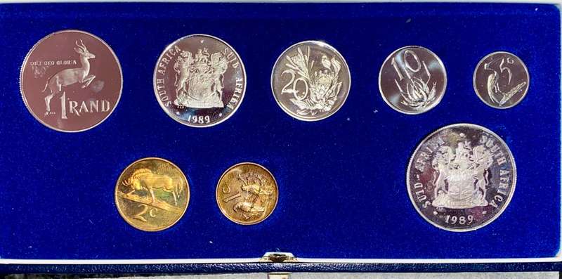 SA MINT PROOF SET 1989 SILVER R1 (AMAZING BLUE TONINING) TO 1 CENT WITH EXTRA R1 - BLUE S A MINT BOX