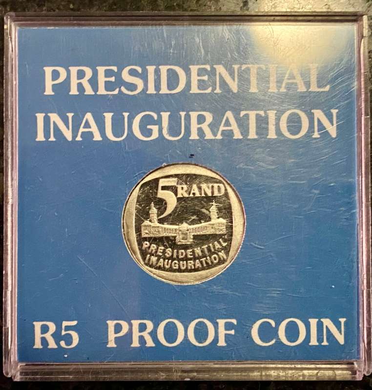 SOUTH AFRICA ERROR PROOF R5 -- 1994 PRESIDENTIAL INAUGURATION -- IN ORIGINAL S A MINT CASE
