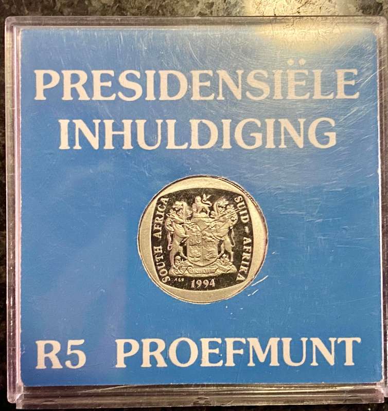 SOUTH AFRICA ERROR PROOF R5 -- 1994 PRESIDENTIAL INAUGURATION -- IN ORIGINAL S A MINT CASE