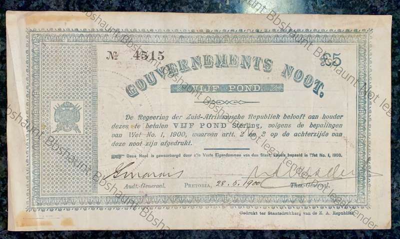 Z.A.R PRETORIA 5 POUND GOVERNMENT NOOT 28-05-1900 NO4515 STAR BORDER STATEPRINTER OF Z.A. REPUBLIEK
