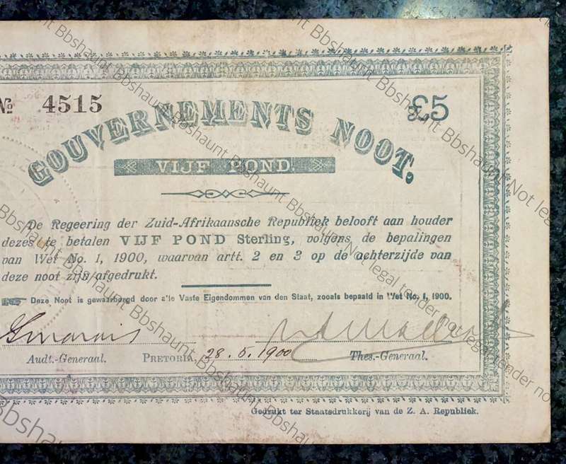 Z.A.R PRETORIA 5 POUND GOVERNMENT NOOT 28-05-1900 NO4515 STAR BORDER STATEPRINTER OF Z.A. REPUBLIEK