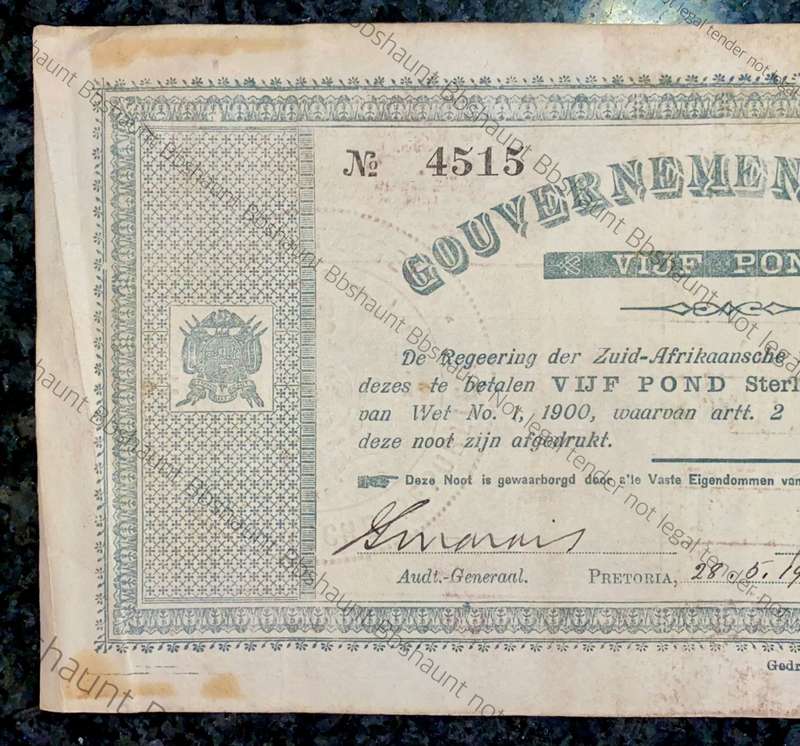 Z.A.R PRETORIA 5 POUND GOVERNMENT NOOT 28-05-1900 NO4515 STAR BORDER STATEPRINTER OF Z.A. REPUBLIEK