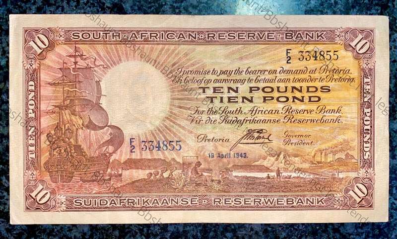 J POSTMUS 10 POUND 19TH APRIL 1943 - F2 - VAN RIEBEECK WTM E/A FIRST ISSUE