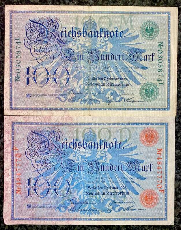 GERMANY 100 MARK 1908 GREEN SEAL & RED SEAL BIG NOTS (1 BID TAKES ALL)