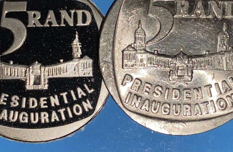 SOUTH AFRICA ERROR PROOF R5 -- 1994 PRESIDENTIAL INAUGURATION -- IN ORIGINAL S A MINT CASE