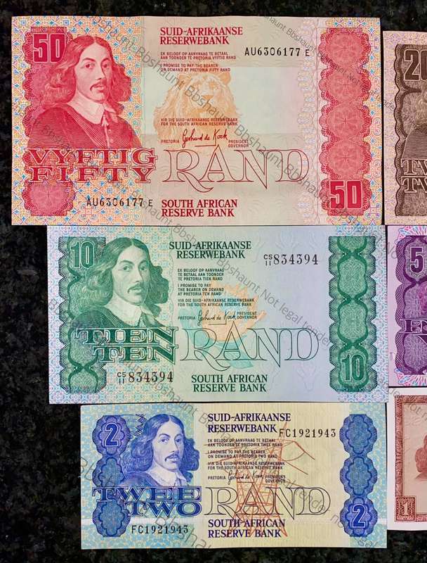 COMPLETE SET OF GPC DE KOCK & DECIMALS R50 TO R2 AUNC 1980s(R1 TW DE JONGH 1975 (1 BID TAKES ALL)