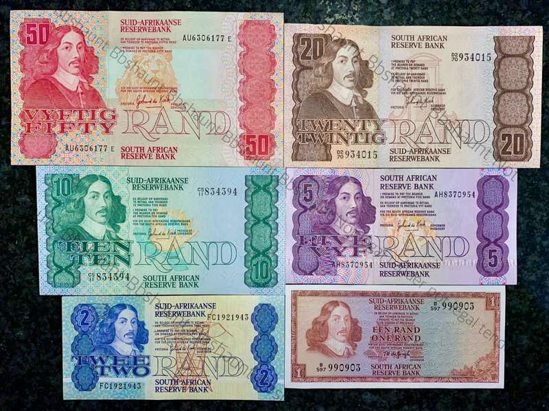 COMPLETE SET OF GPC DE KOCK & DECIMALS R50 TO R2 AUNC 1980s(R1 TW DE JONGH 1975 (1 BID TAKES ALL)