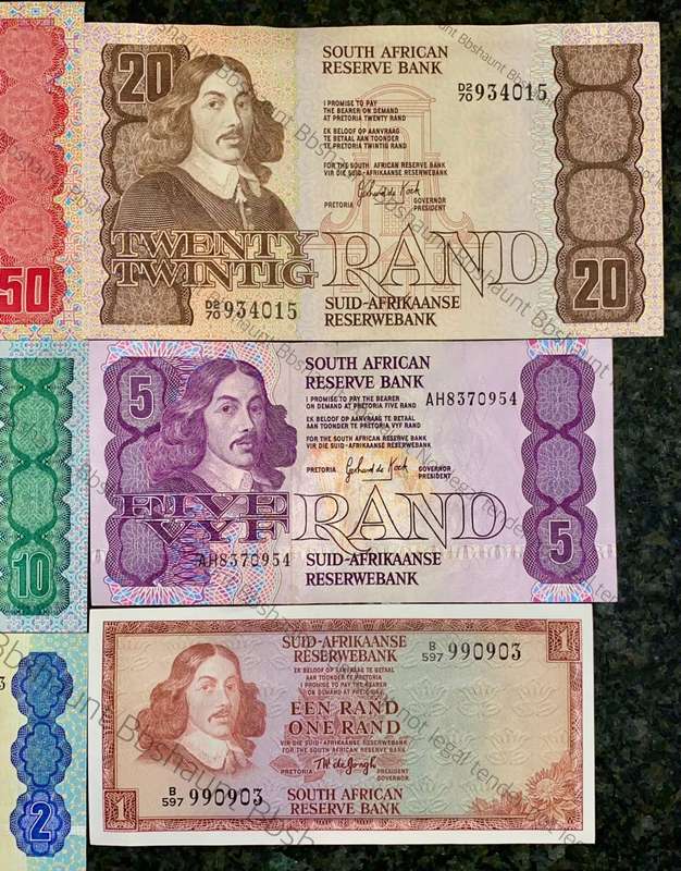 COMPLETE SET OF GPC DE KOCK & DECIMALS R50 TO R2 AUNC 1980s(R1 TW DE JONGH 1975 (1 BID TAKES ALL)