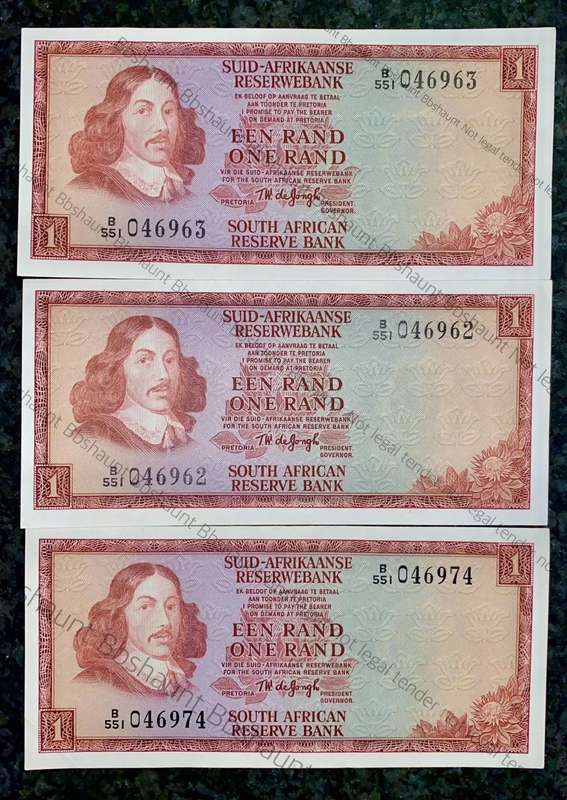TW DE JONGH R1 IN SEQUENCE B551 /046963-962 & 674 UNC 3RD ISSUE 1975(1 BID TAKES ALL)