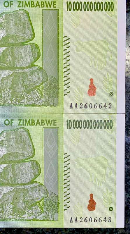 ZIMBABWE 10 TRILLION DOLLARS IN SEQUENCE AA2606642-643 UNC HARARE 2008 (1 BID TAKES ALL)