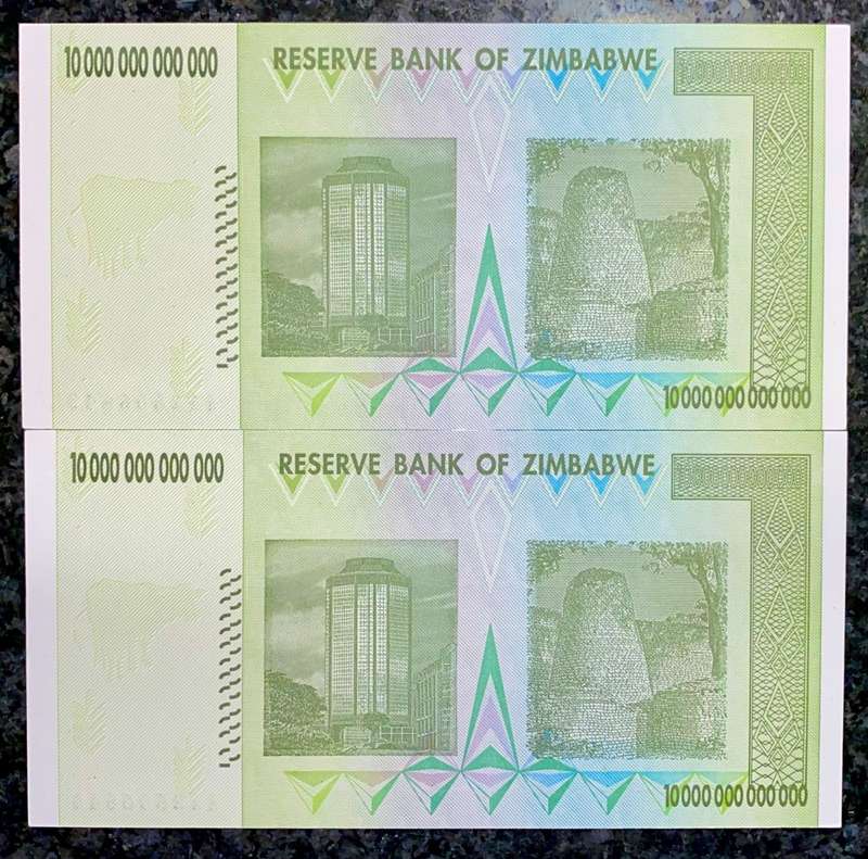 ZIMBABWE 10 TRILLION DOLLARS IN SEQUENCE AA2606642-643 UNC HARARE 2008 (1 BID TAKES ALL)